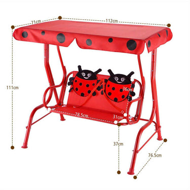 2-Seater Indoor / Outdoor Kids Porch Swing Chair Swing Bench w/ Metal Stand & Adjustable Tilt Canopy Beetle Pattern